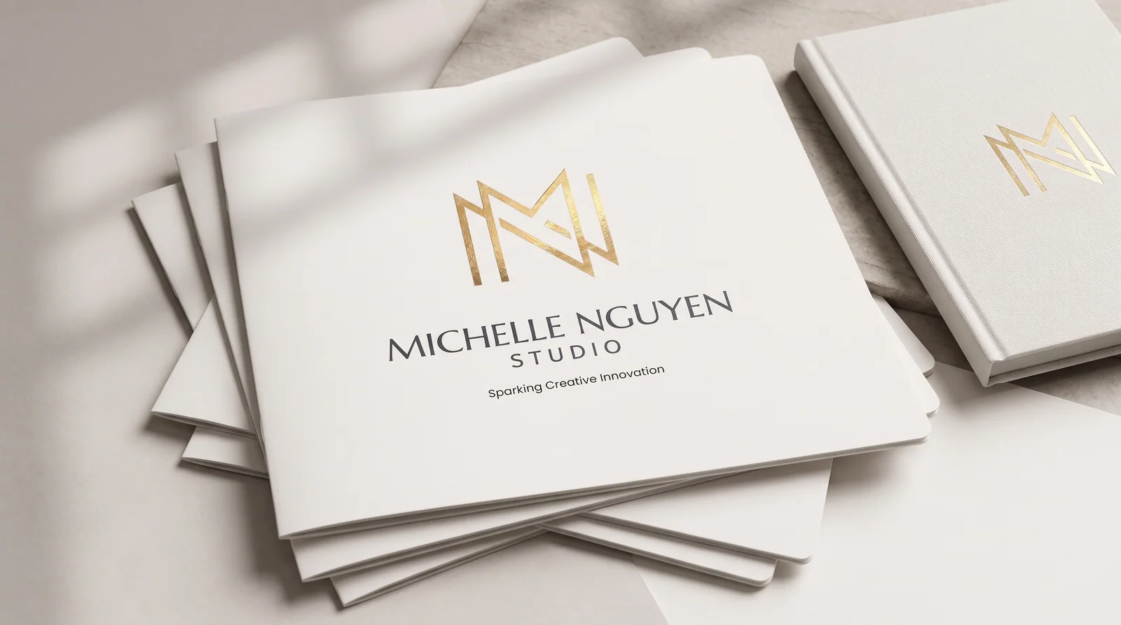 Michelle Nguyen Studio gold logo presented on luxury white editorial folders