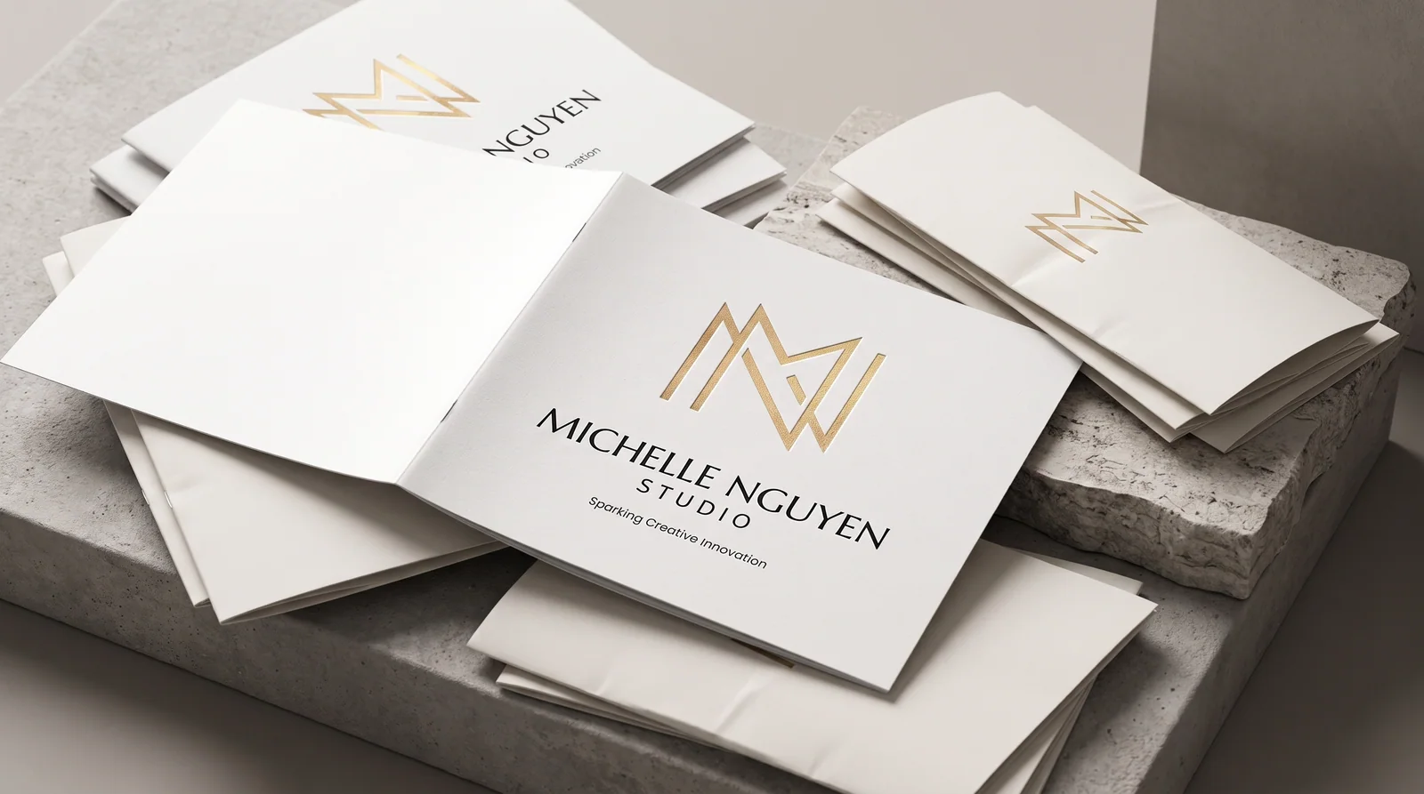 Michelle Nguyen Studio identity applied to a white presentation folder and stationery