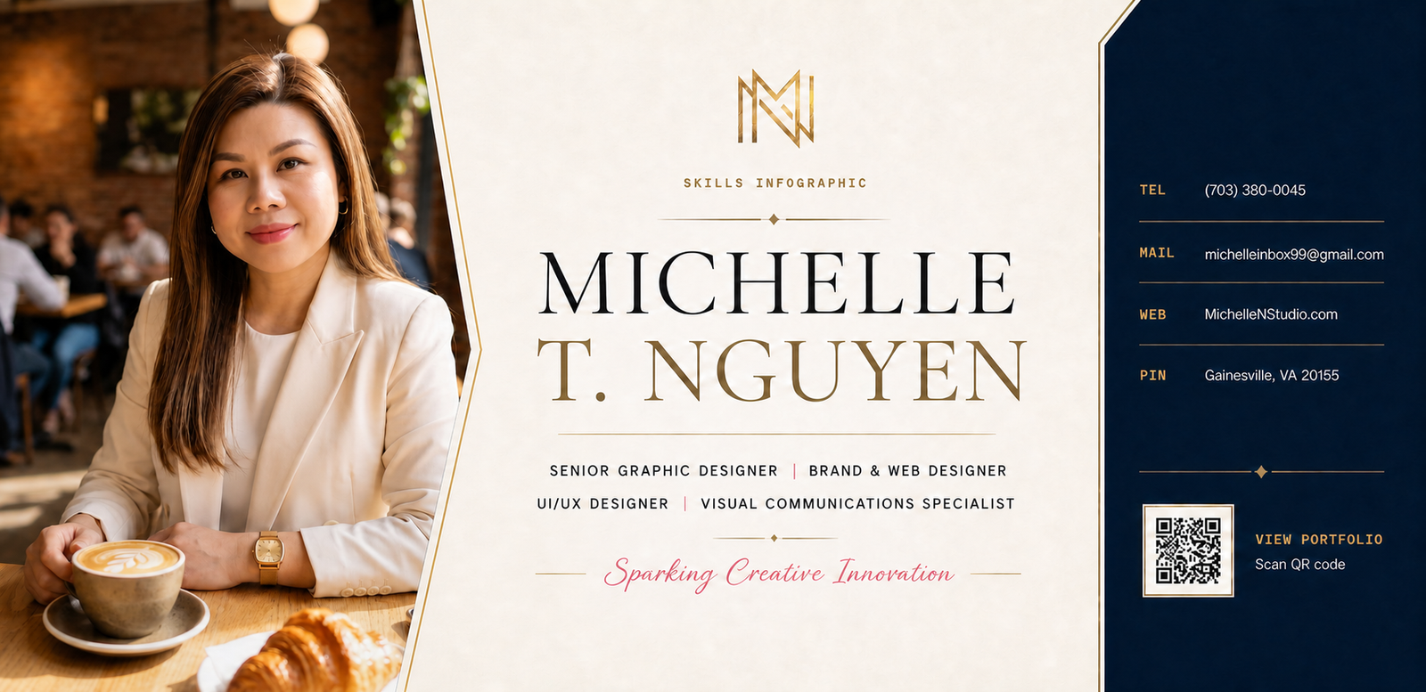 Michelle T. Nguyen skills infographic profile with portrait, creative disciplines, contact information, and portfolio QR code